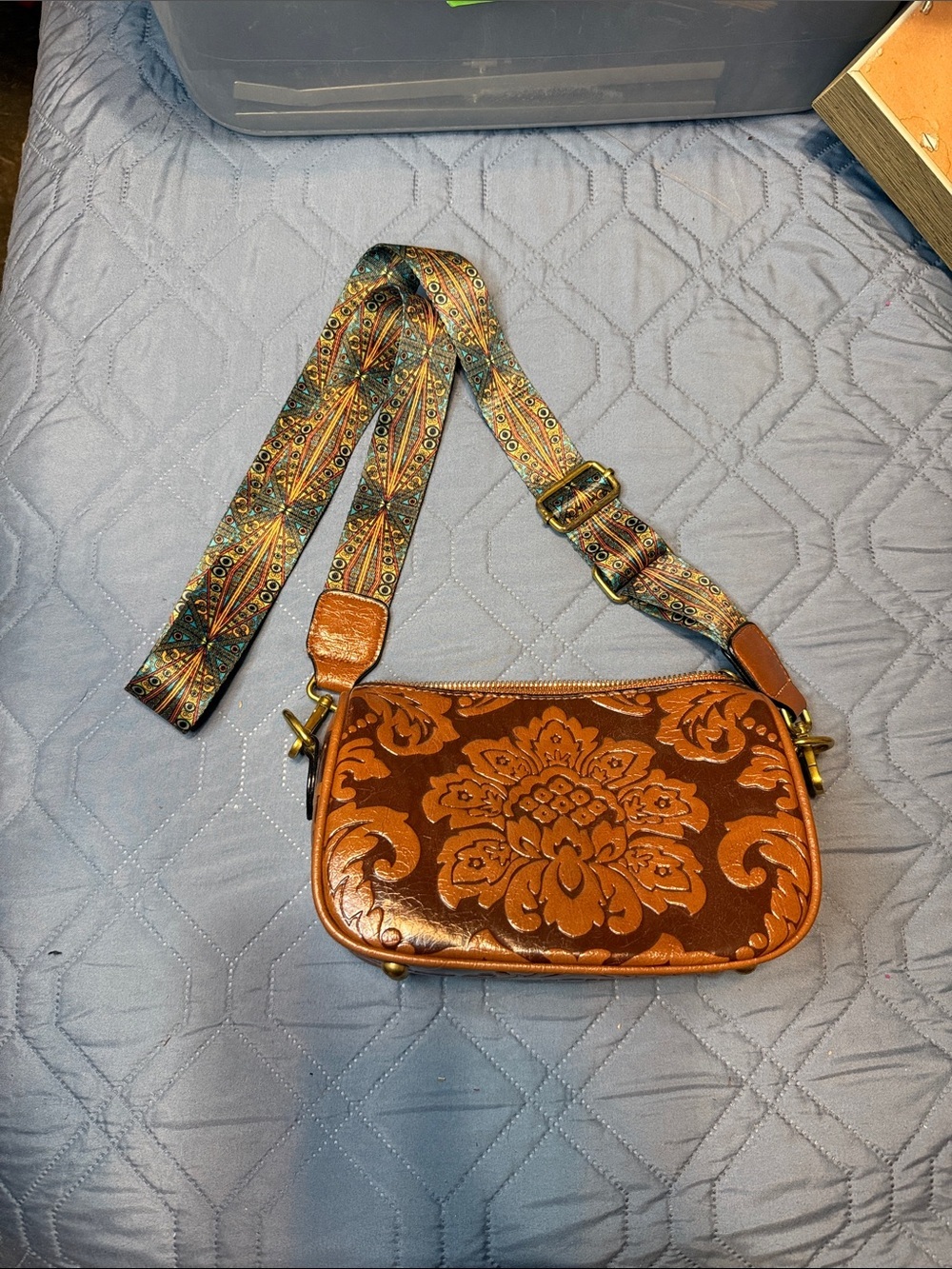 Artisan Tooled Leather Crossbody Bag with Patterned Strap - Brown